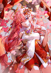 Rule 34 | 1girl, animal ears, bare shoulders, cherry blossoms, falling petals, fox ears, genshin impact, highres, japanese clothes, long hair, looking at viewer, miko, obijime, one eye closed, petals, pink hair, priestess, purple eyes, thighs, wide sleeves, yae miko, yeurei
