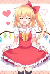 Rule 34 | 1girl, :d, ^ ^, black thighhighs, blonde hair, blush, border, bow, closed eyes, curtsey, flandre scarlet, frills, hair bow, happy, heart, lace, lace border, looking at viewer, open mouth, ornate border, short hair, short sleeves, side ponytail, simple background, skirt, skirt set, smile, solo, thighhighs, touhou, wings, wrist cuffs, yada (xxxadaman), zettai ryouiki