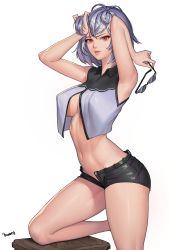 Rule 34 | 1girl, absurdres, arched back, armpits, arms up, artist name, black shorts, breasts, c.honey, collared vest, covered erect nipples, cowboy shot, unworn eyewear, girls&#039; frontline, highres, holding, holding removed eyewear, large breasts, leg up, lips, looking at viewer, navel, no bra, open fly, parted lips, red eyes, revision, short hair, short shorts, shorts, signature, silver hair, simple background, smile, solo, standing, standing on one leg, stomach, sunglasses, thighs, thompson (girls&#039; frontline), tsurime, underboob, vest, white background, wing collar