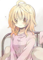 Rule 34 | 1girl, ahoge, aoki ume, bed, blonde hair, blush, brown eyes, buttons, character request, check character, check copyright, closed mouth, commentary request, copyright request, hair over eyes, indoors, long hair, original, pajamas, pillow, pink pajamas, sitting, solo, upper body, v arms