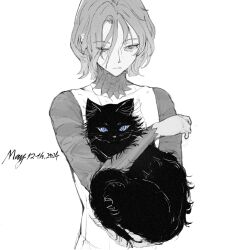 Rule 34 | 1boy, animal, animalization, bags under eyes, black cat, blue eyes, cat, centtta, chinese commentary, dated, dungeon meshi, elf, gorget, grey eyes, grey hair, holding, holding animal, kabru, long sleeves, male focus, mithrun, notched ear, one eye closed, pointy ears, shirt, short hair, simple background, tunic, upper body, wavy hair, white background
