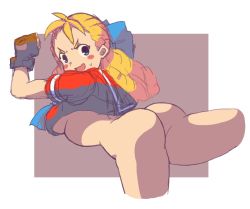 Rule 34 | 1girl, ass, blonde hair, blue bow, blush stickers, bottomless, bow, breasts, crop top, cropped shirt, embarrassed, female focus, fingerless gloves, gloves, hair bow, heiyuu!, kanzuki karin, nervous smile, open mouth, ringlets, smile, solo, street fighter, street fighter v, street fighter zero (series), underboob