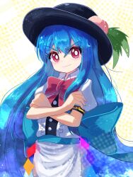 Rule 34 | 1girl, black hat, blue hair, bow, bowtie, bright pupils, closed mouth, commentary request, crossed arms, food, fruit, hat, highres, hinanawi tenshi, leaf, looking at viewer, peach, plus2sf, red bow, red bowtie, red eyes, short sleeves, solo, touhou, upper body, white pupils