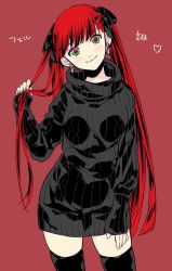Rule 34 | 10s, 1girl, arcana famiglia, black thighhighs, dress, earrings, felicita, green eyes, hair ribbon, heart, holding, holding own hair, jewelry, jpeg artifacts, long hair, multicolored eyes, red background, red eyes, red hair, ribbed sweater, ribbon, sarachi yomi, simple background, sleeves past wrists, smile, solo, sweater, sweater dress, thighhighs, turtleneck, twintails, very long hair, zettai ryouiki