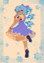 Rule 34 | 1girl, absurdres, artist name, bare arms, black footwear, black ribbon, blue border, blue bow, blue dress, blue eyes, blue hair, border, bow, cirno, commentary, dark skin, dress, english commentary, finger to cheek, finger to face, floral print, from side, full body, grin, hair bow, halftone, highres, ice, ice wings, lace-trimmed sleeves, lace trim, leg up, linmiee, looking at viewer, looking to the side, mary janes, one eye closed, pinafore dress, ribbon, shirt, shoes, short hair, short sleeves, skirt hold, sleeveless dress, smile, snowflakes, socks, solo, sparkle, standing, standing on one leg, tan, tiptoes, touhou, white background, white shirt, white socks, wings, wrist ribbon