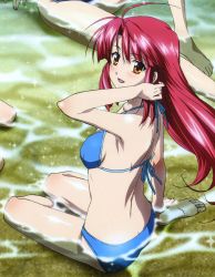 Rule 34 | 00s, 1girl, :d, absurdres, adjusting hair, ahoge, armpits, back, barefoot, beach, bikini, blue bikini, butt crack, comp h&#039;s, feet, from behind, hair intakes, halterneck, hands on feet, highres, kannagi ayano, kaze no stigma, long hair, looking back, official art, open mouth, orange eyes, outdoors, parted bangs, red hair, scan, shiny skin, sitting, smile, soles, solo, sparkle, submerged, swimsuit, water, yamakawa kouji