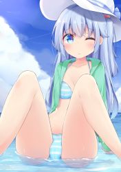 Rule 34 | 1girl, arm support, bikini, blue eyes, blue hair, blue sky, blush, breasts, closed mouth, cloud, collarbone, day, fallen down, green jacket, hair between eyes, hair bobbles, hair ornament, hat, highres, horizon, in water, jacket, kyuukon (qkonsan), long sleeves, ocean, one eye closed, one side up, open clothes, open jacket, original, outdoors, shallow water, sitting, sky, sleeves past wrists, small breasts, solo, striped bikini, striped clothes, sun hat, swimsuit, water, wet, white hat