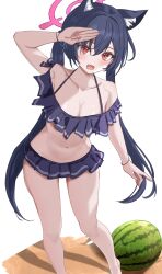 Rule 34 | 1girl, absurdres, animal ears, bare arms, bare legs, bare shoulders, bikini, black bikini, black hair, blue archive, blush, breasts, cat ears, fang, food, fruit, highres, long hair, looking at viewer, navel, official alternate costume, open mouth, red eyes, serika (blue archive), serika (swimsuit) (blue archive), small breasts, smile, solo, swimsuit, twintails, vayneeeee, watermelon