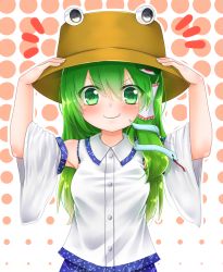 Rule 34 | &gt;:), 1girl, arms up, blush, buttons, collared shirt, cosplay, detached sleeves, dots, dress shirt, frog, frog hair ornament, green eyes, green hair, hair ornament, hair tubes, hat, japanese clothes, kochiya sanae, long hair, looking at viewer, matching hair/eyes, miko, moriya suwako, moriya suwako (cosplay), namino., pyonta, shirt, simple background, smile, snake, snake hair ornament, solo, touhou, upper body, v-shaped eyebrows