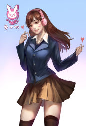 Rule 34 | 1girl, abig33, absurdres, animal print, blue jacket, brown eyes, brown hair, brown skirt, brown thighhighs, buttons, character name, collarbone, collared shirt, contrapposto, d.va (overwatch), dress shirt, eyelashes, facepaint, facial mark, fingernails, gluteal fold, gradient background, hands up, headphones, highres, jacket, lipstick, long hair, looking at viewer, makeup, matching hair/eyes, nail polish, overwatch, overwatch 1, panties, pantyshot, pink lips, pink nails, rabbit print, school uniform, shirt, skirt, smile, solo, standing, teeth, thighhighs, underwear, whisker markings, white panties