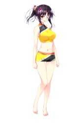 Rule 34 | 1girl, bare shoulders, barefoot, black hair, blush, breasts, brown eyes, feet, full body, golden marriage, hair ornament, hayakawa harui, highres, looking at viewer, medium breasts, midriff, navel, official art, one eye closed, open mouth, shimakage ruri, shorts, solo, spandex, standing, swimsuit, toes, transparent background