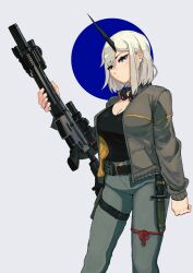 Rule 34 | 1girl, absurdres, assault rifle, belt, bendit2901, blue eyes, breasts, cleavage, denim, goggles, goggles around neck, gun, highres, horns, jacket, jeans, knife, large breasts, original, pants, rifle, short hair, single horn, solo, string, string of fate, suppressor, weapon, white background, white hair
