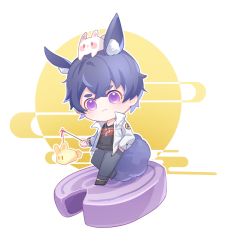 Rule 34 | 1boy, :3, animal ears, black shirt, blue hair, blue pants, chibi, closed mouth, full moon, hand in pocket, highres, holding, holding lantern, jacket, jewelry, lantern, looking at viewer, marius von hagen (tears of themis), moon, necklace, open clothes, open jacket, pants, purple eyes, rabbit, rabbit boy, rabbit ears, rabbit tail, shirt, short hair, smile, solo, tail, tears of themis, white background, white jacket, xinsuimangguoren
