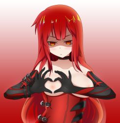 Rule 34 | 1girl, angry, arm belt, belt, black gloves, blush, breasts, breasts out, carlos daniel, choker, deep skin, elbow gloves, elesis (elsword), elsword, gloves, gradient background, heart, heart-shaped boob challenge, heart hands, long hair, looking at viewer, medium breasts, nipples, orange eyes, red hair, shaded face, solo, upper body, very long hair