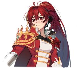 Rule 34 | 1girl, ahoge, braid, breasts, commentary, elesis (elsword), elsword, empire sword (elsword), eus ing, hair between eyes, long hair, looking at viewer, medium breasts, ponytail, red eyes, red hair, simple background, solo, symbol-only commentary, upper body, white background