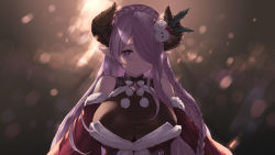 Rule 34 | 1girl, backlighting, bare shoulders, blush, braid, breasts, cait aron, closed mouth, commentary request, crown braid, detached sleeves, draph, fur-trimmed sleeves, fur trim, granblue fantasy, hair over one eye, highres, holly, horns, large breasts, long hair, narmaya (granblue fantasy), narmaya (holiday) (granblue fantasy), pink hair, pointy ears, pom pom (clothes), purple eyes, santa costume, side braid, smile, snowman hair ornament, solo, upper body, very long hair
