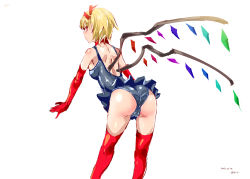 Rule 34 | 1girl, alternate costume, ass, back, backless outfit, bare shoulders, bent over, black dress, black panties, blonde hair, cameltoe, dress, elbow gloves, flandre scarlet, from behind, gloves, hair ribbon, looking at viewer, looking back, nyuu (manekin-eko), panties, parody, red eyes, red gloves, red thighhighs, ribbon, simple background, sleeveless, sleeveless dress, solo, taimanin (series), taimanin suit, thighhighs, thighs, touhou, underwear, upskirt, white background, wings