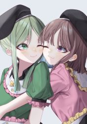 Rule 34 | 2girls, absurdres, apron, arm up, black headwear, blush, bow, breasts, brown hair, buttons, closed mouth, collar, collared dress, dress, eyes visible through hair, green dress, green eyes, green hair, green sleeves, grey background, hand up, hat, highres, hug, hug from behind, looking at another, medium breasts, multiple girls, nishida satono, one eye closed, pink dress, pink sleeves, puffy short sleeves, puffy sleeves, purple eyes, short hair, short hair with long locks, short sleeves, simple background, smile, teireida mai, touhou, tsune (tune), white apron, yellow bow, yuri