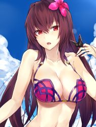 Rule 34 | 1girl, bikini, breasts, cleavage, cloud, day, eyebrows, fate/grand order, fate (series), flower, hair flower, hair ornament, highres, kyouki, large breasts, long hair, looking at viewer, nail polish, navel, open mouth, outdoors, purple hair, purple nails, red eyes, scathach (fate), scathach (fate/grand order), scathach (swimsuit assassin) (fate), sky, solo, swimsuit, upper body