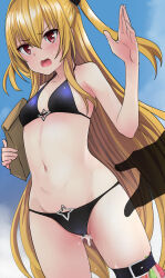 Rule 34 | 1girl, bag, bare arms, bare shoulders, bikini, black bikini, blonde hair, blue sky, blush, breasts, cum, cumdrip, embarrassed, groin, h2o (ddks2923), hair between eyes, hand up, highres, holding, holding bag, konjiki no yami, long hair, looking at viewer, midriff, navel, open mouth, partially visible vulva, red eyes, round teeth, sidelocks, skindentation, sky, small breasts, solo, standing, star ornament, sweat, swimsuit, teeth, thigh strap, thighs, to love-ru, two side up, upper teeth only, v-shaped eyebrows, very long hair, wakamezake