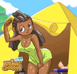 Rule 34 | 1girl, animal crossing, breasts, brown hair, cleavage, copyright name, covering crotch, covering privates, dark skin, dress, female focus, half-closed eyes, legs, logo, minuspal, nintendo, outdoors, sky, solo focus, sweat, tent, villager (animal crossing)