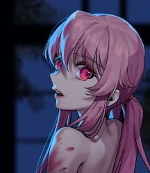 Rule 34 | 1girl, absurdres, alternate costume, backlighting, bad id, bad pixiv id, blood, blurry, blurry background, close-up, colored eyelashes, commentary, eyelashes, from behind, gasai yuno, hair between eyes, hair tie, highres, hyoin, lips, long hair, looking at viewer, looking back, low ponytail, mirai nikki, moonlight, night, nude, solo, upper body, very long hair