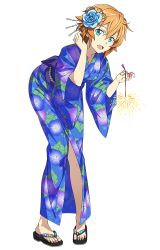 Rule 34 | 1girl, aqua eyes, fireworks, flower, full body, hair flower, hair ornament, holding, holding fireworks, japanese clothes, kimono, leaning forward, long sleeves, looking at viewer, official art, open mouth, orange hair, philia (sao), sandals, short hair, solo, sword art online, transparent background