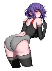 Rule 34 | 1girl, absurdres, ass, black gloves, black thighhighs, blush, breasts, character request, closed mouth, competition swimsuit, copyright request, cropped legs, elbow gloves, enmimontoria, gloves, highres, large breasts, leaning forward, looking at viewer, looking back, one-piece swimsuit, purple eyes, purple hair, short hair, solo, swimsuit, thighhighs
