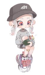 Rule 34 | 1girl, :o, absurdres, bandaid, bandaid on leg, black hat, ear piercing, full body, gradient hair, grey hair, grey sweater, hat, highres, long hair, low twintails, multicolored hair, myon rio, nintendo, octoling, octoling girl, octoling player character, piercing, red eyes, red hair, shoes, simple background, smallfry (splatoon), solo, splatoon (series), sweater, tentacle hair, thick eyebrows, twintails, two-tone hair, white background