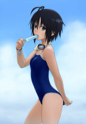 Rule 34 | 1girl, antenna hair, biting, black hair, blush, brown eyes, competition school swimsuit, day, food, goggles, goggles around neck, idolmaster, idolmaster (classic), kikuchi makoto, looking at viewer, mouth hold, one-piece swimsuit, open mouth, popsicle, school swimsuit, short hair, sky, solo, swimsuit, wata do chinkuru