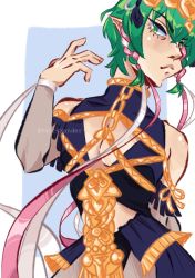 Rule 34 | 1boy, artist name, byleth (fire emblem), byleth (male) (fire emblem), cleavage cutout, clothing cutout, cosplay, cowboy shot, fire, fire emblem, fire emblem: three houses, green eyes, green hair, highres, looking at viewer, male focus, matching hair/eyes, nintendo, simple background, solo, sothis (fire emblem), sothis (fire emblem) (cosplay), standing