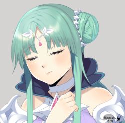 Rule 34 | 1girl, animated, animated gif, blush, clenched hands, close-up, closed eyes, closed mouth, grand chase, green eyes, green hair, grey background, hair bun, headdress, open mouth, shinosatsu, simple background, single hair bun, solo, tagme