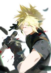 Rule 34 | 1boy, armor, black feathers, blonde hair, blood, blood on face, buster sword, cloud strife, feathers, final fantasy, final fantasy vii, final fantasy vii rebirth, final fantasy vii remake, fui (fui29493452), gloves, green eyes, highres, holding, holding sword, holding weapon, light smile, male focus, possessed, shirt, short hair, shoulder armor, single shoulder pad, sleeveless, sleeveless turtleneck, spiked hair, suspenders, sword, turtleneck, weapon, white background