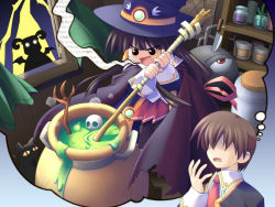 Rule 34 | 1boy, 1girl, :d, animal, bandages, brown hair, bubble, cape, cat, colored sclera, game cg, glowing, glowing eyes, hair tubes, hat, indoors, jug (bottle), knife, komatsu eiji, long sleeves, majokko a la mode, open mouth, paper, plant, red eyes, rydia arsenal, shelf, short hair, silhouette demon, skull, smile, stick, thought bubble, window, witch, witch hat, yellow sclera