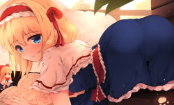 Rule 34 | 1girl, :t, alice margatroid, all fours, ass, bad id, bad pixiv id, black pantyhose, blonde hair, blue dress, blue eyes, book, bow, capelet, commentary request, day, drawing, dress, hair between eyes, hair bow, hairband, indoors, kirisame marisa, light particles, lolita hairband, long hair, looking at viewer, looking back, open book, pantyhose, pillow, sash, shanghai doll, shangurira, short hair, solo, touhou, white capelet