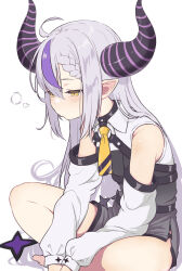 Rule 34 | 1girl, absurdres, ahoge, barefoot, braid, demon horns, detached sleeves, eternaltanbo, grey hair, highres, hololive, horns, la+ darknesss, long hair, multicolored hair, pointy ears, pout, purple hair, simple background, sitting, solo, streaked hair, striped horns, virtual youtuber, white background, yellow eyes