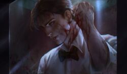 Rule 34 | 1boy, artist name, black bow, black bowtie, blood, blood on arm, blood on clothes, blood on face, blood on neck, bow, bowtie, brown eyes, brown hair, closed mouth, collared shirt, crack, cracked glass, dark, francis mosses, hand up, highres, indoors, kri stasss, long sleeves, looking to the side, male focus, red pupils, shirt, short hair, solo, that&#039;s not my neighbor, twitter username, uniform, upper body, veins, very short hair, window