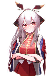 Rule 34 | 1girl, absurdres, arknights, beudelb, black jacket, blue cloak, bow, cloak, commentary, cropped jacket, crossed arms, dress, fur-trimmed cloak, fur trim, grey hair, hair between eyes, headgear, highres, jacket, korean commentary, long hair, looking at viewer, official alternate costume, ponytail, red bow, red dress, red eyes, simple background, smile, solo, weedy (arknights), weedy (candy cape) (arknights), white background