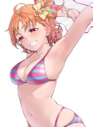 Rule 34 | 1girl, :d, ahoge, armpits, arms up, bikini, bow, braid, breasts, cleavage, collarbone, colored stripes, gradient hair, grin, hair bow, highres, looking at viewer, love live!, love live! sunshine!!, medium breasts, multicolored hair, nasuno (nasuno42), navel, open mouth, orange bow, orange hair, pink hair, red eyes, side braid, simple background, skindentation, smile, solo, stomach, striped bikini, striped clothes, sweat, swimsuit, takami chika, teeth, two-tone bikini, upper body, white background, yellow bow