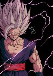Rule 34 | 1boy, absurdres, artist name, biceps, black background, collarbone, commentary request, dougi, dragon ball, dragon ball super, dragon ball super super hero, electricity, energy, evil grin, evil smile, gohan beast, grey hair, grin, highres, looking at viewer, male focus, muscular, muscular male, pectoral cleavage, pectorals, red eyes, red sash, sash, scratches, seya (asasei 718), signature, simple background, smile, solo, son gohan, spiked hair, teeth, torn clothes, upper body, v-shaped eyebrows