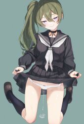Rule 34 | 1girl, :&gt;, absurdres, alternate costume, black choker, black sailor collar, black serafuku, black shirt, black skirt, black socks, bow, bow panties, brown footwear, choker, clothes lift, commentary request, contemporary, eyelashes, full body, green background, green hair, highres, jitome, kneeling, loafers, long hair, long sleeves, looking at viewer, neckerchief, o-ring, o-ring choker, panties, pleated skirt, purple eyes, pussy juice, pussy juice drip through clothes, sailor collar, school uniform, serafuku, shirt, shoes, simple background, skirt, skirt lift, socks, solo, sousou no frieren, ubel (sousou no frieren), underwear, white neckerchief, white panties, zero (miraichizu)