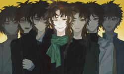 Rule 34 | 6+boys, black jacket, black sweater, blue jacket, braid, brown hair, closed eyes, closed mouth, commentary request, frown, gradient background, green scarf, green shirt, harada minoru, heyao79422, highres, jacket, long hair, long sleeves, male focus, multiple boys, multiple persona, open clothes, open jacket, open mouth, parted bangs, saibou shinkyoku, scar, scar on face, scar on forehead, scarf, shirt, short hair, shouting, side braid, simple background, smile, sweater, time paradox, turtleneck, turtleneck sweater, yellow background, yellow shirt