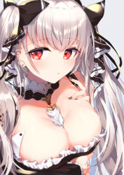 Rule 34 | 1girl, 40 (0f0urw), absurdres, azur lane, between breasts, black ribbon, blush, breasts, brown nails, cleavage, commentary request, formidable (azur lane), hair ribbon, highres, large breasts, long hair, looking at viewer, nail polish, red eyes, ribbon, silver hair, solo, twintails, two-tone ribbon, upper body, white ribbon