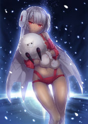 Rule 34 | 1girl, altera (fate), altera the santa (fate), bare shoulders, blush, commentary request, crossed arms, dark-skinned female, dark skin, detached sleeves, earmuffs, fate/grand order, fate (series), highres, looking at viewer, mittens, navel, red eyes, sheep, short hair, smile, solo, veil, white hair, white mittens, yoshida takuma