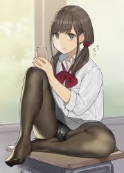 Rule 34 | 1girl, blouse, brown hair, cellphone, desk, indoors, legs, looking at viewer, low twintails, on desk, original, panties, panties under pantyhose, pantyhose, phone, school uniform, shirt, sitting, on desk, sleeves rolled up, smartphone, solo, twintails, underwear, white shirt, yomu (sgt epper)