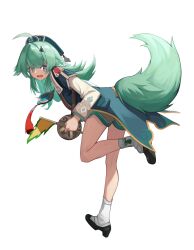 Rule 34 | 1girl, ahoge, baggy socks, bent over, flag, fox tail, from side, full body, green hair, hat, highres, holding, holding flag, honkai: star rail, honkai (series), huohuo (honkai: star rail), legs, long hair, looking at viewer, multicolored eyes, open mouth, paw print-shaped pupils, shorts, simple background, solo, standing, standing on one leg, tail, viktorf, white background, yin yang