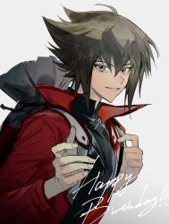 Rule 34 | 1boy, black shirt, brown eyes, brown hair, duel academy uniform (yu-gi-oh! gx), from side, hair between eyes, highres, jacket, long sleeves, male focus, multicolored hair, noren (noren1512), outstretched hand, reaching, reaching towards viewer, red jacket, shirt, short hair, sidelocks, smile, solo, two-tone hair, unfinished, upper body, yu-gi-oh!, yu-gi-oh! gx, yuki judai