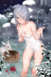 Rule 34 | 1girl, animal, animal print, artist request, bat print, bath, bathing, blue eyes, blush, breasts, rabbit, flower, foreshortening, hair over one eye, heterochromia, holding to chest, iri flina, large breasts, naked towel, onsen, outstretched hand, petals, red eyes, red flower, red rose, rock, rose, rose petals, see-through, short hair, silver hair, snow, snowing, solo, steam, sword girls, tattoo, towel, towel on head, wading, wet, wet hair, white towel, winter