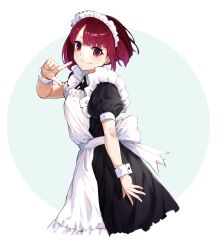 Rule 34 | 1girl, absurdres, alternate costume, apron, arima kana, arm at side, black dress, cropped legs, dress, enmaided, from side, grey background, hand up, highres, m.tokotsu, maid, maid apron, maid headdress, oshi no ko, puffy short sleeves, puffy sleeves, red eyes, red hair, short hair, short sleeves, smile, solo, white apron, white background, wrist cuffs