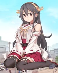 Rule 34 | 6+girls, between legs, black hair, black legwear, blush, breasts, brown eyes, car, closed mouth, day, detached sleeves, female admiral (kancolle), frilled skirt, frills, giant, giantess, hair between eyes, hair ornament, hairclip, hand between legs, haruna (kancolle), headgear, kantai collection, large breasts, long hair, motor vehicle, multiple girls, nontraditional miko, outdoors, pleated skirt, police car, power lines, red skirt, remodel (kantai collection), ribbon-trimmed sleeves, ribbon trim, sidelocks, sitting, size difference, skirt, smile, solo focus, standing on person, thighhighs, utopia, van, wariza